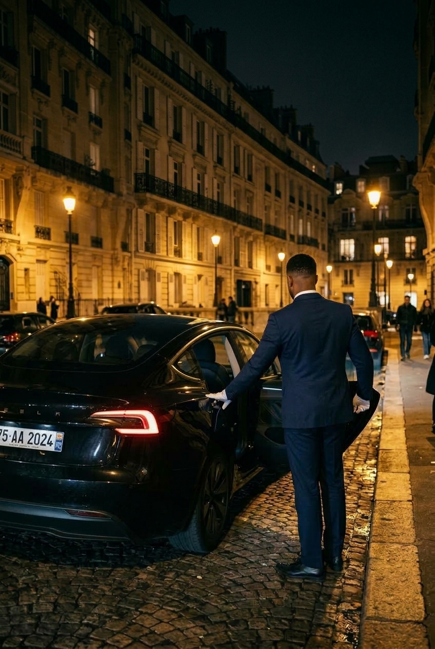 Chauffeur vu de dos ouvrant la portière de la Tesla Model 3 Highland noire, de nuit dans une rue du Val-de-Marne
