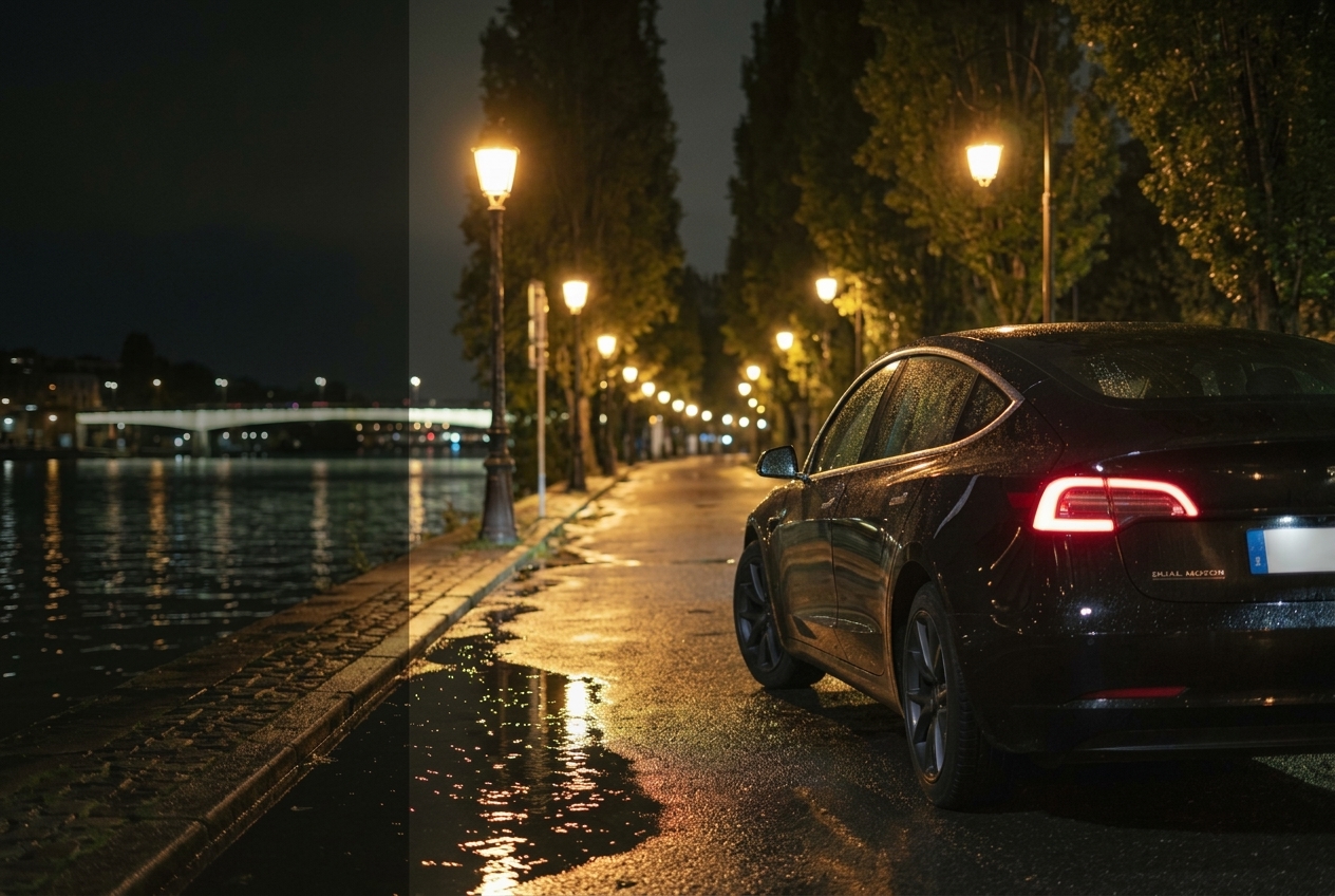Tesla Model 3 Highland noire Dynasty Prestige au bord de la Marne de nuit