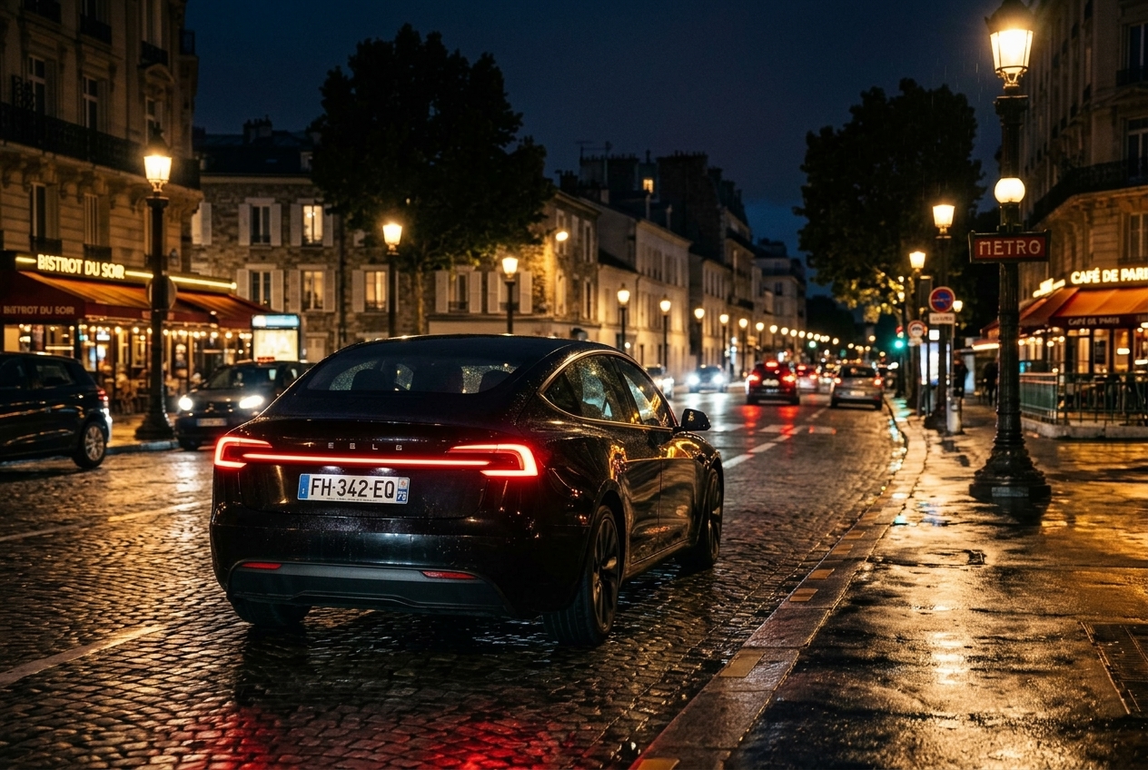 Tesla Model 3 Highland noire roulant de nuit dans une avenue du Val-de-Marne