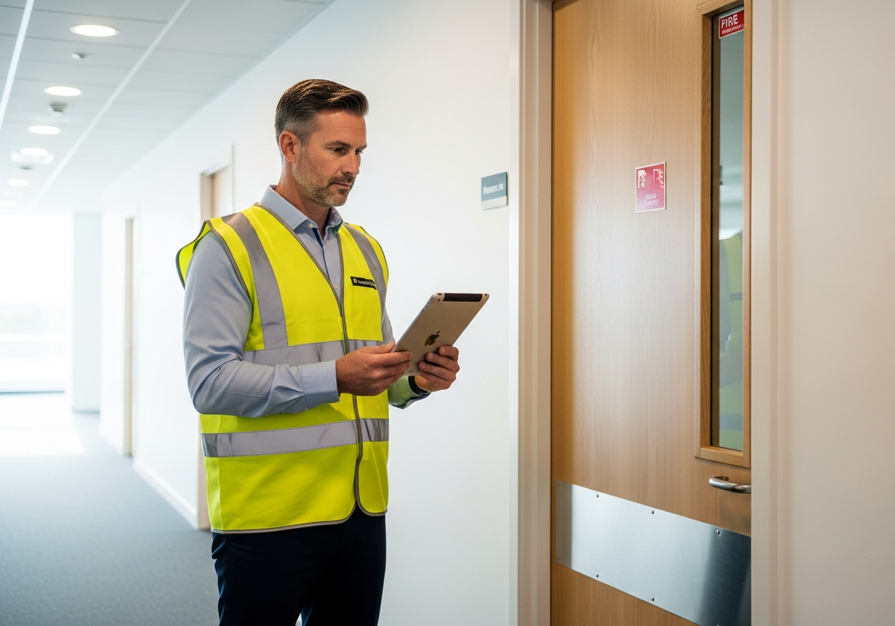 Fire door inspector in hi-viz vest with tablet performing inspection in office