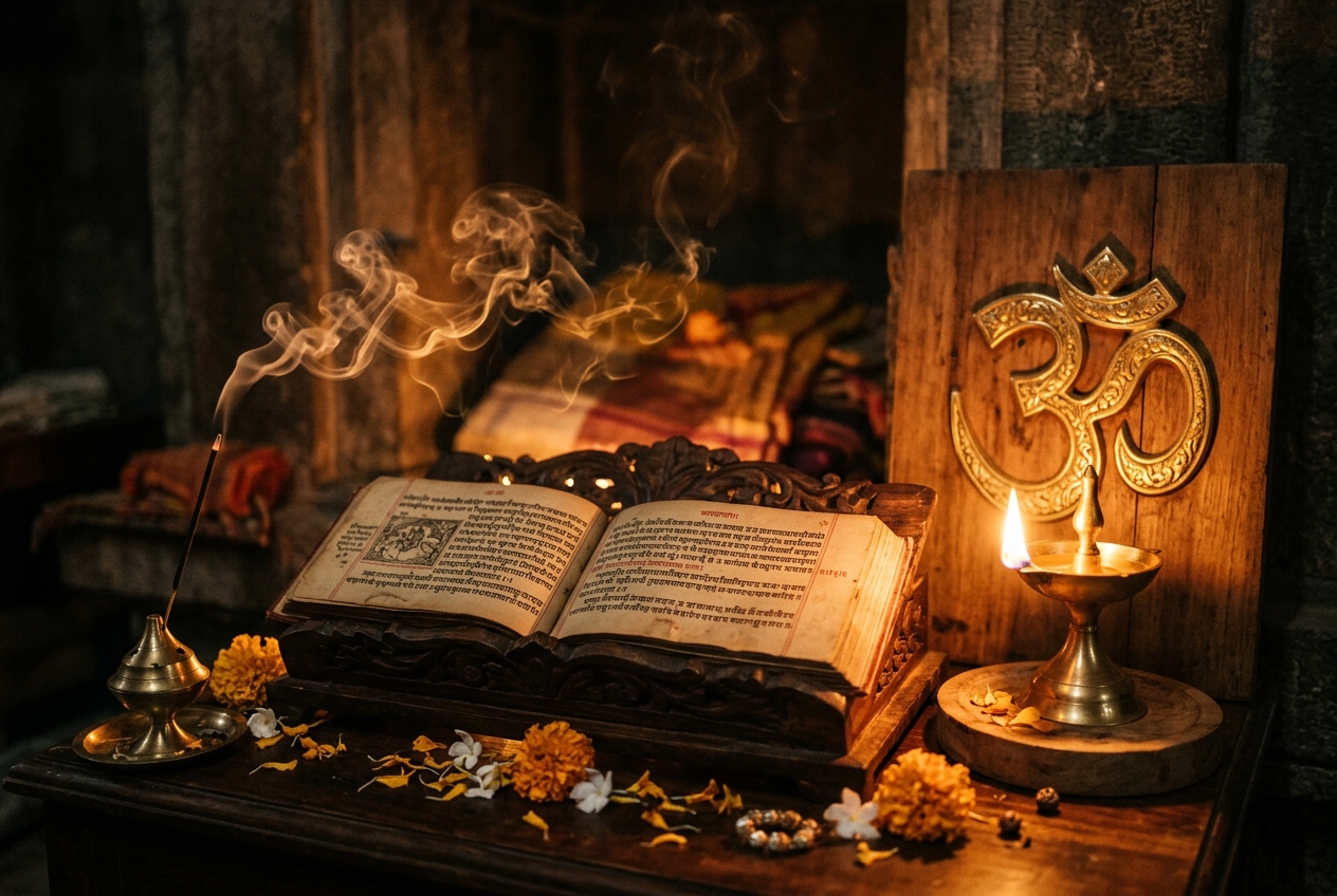 Vedas and sacred Om lamp