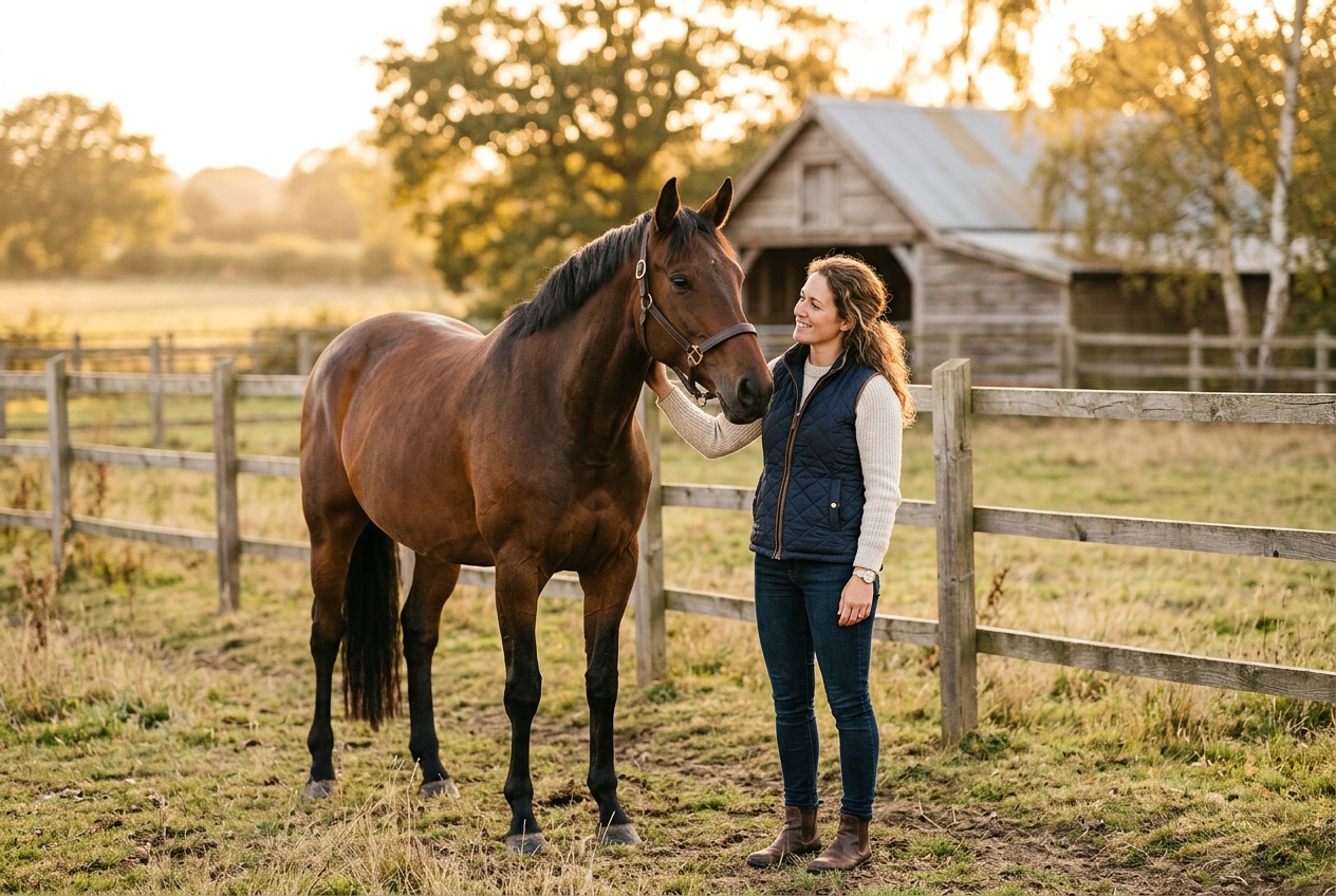 A private owner standing with her bay horse at a small home paddock