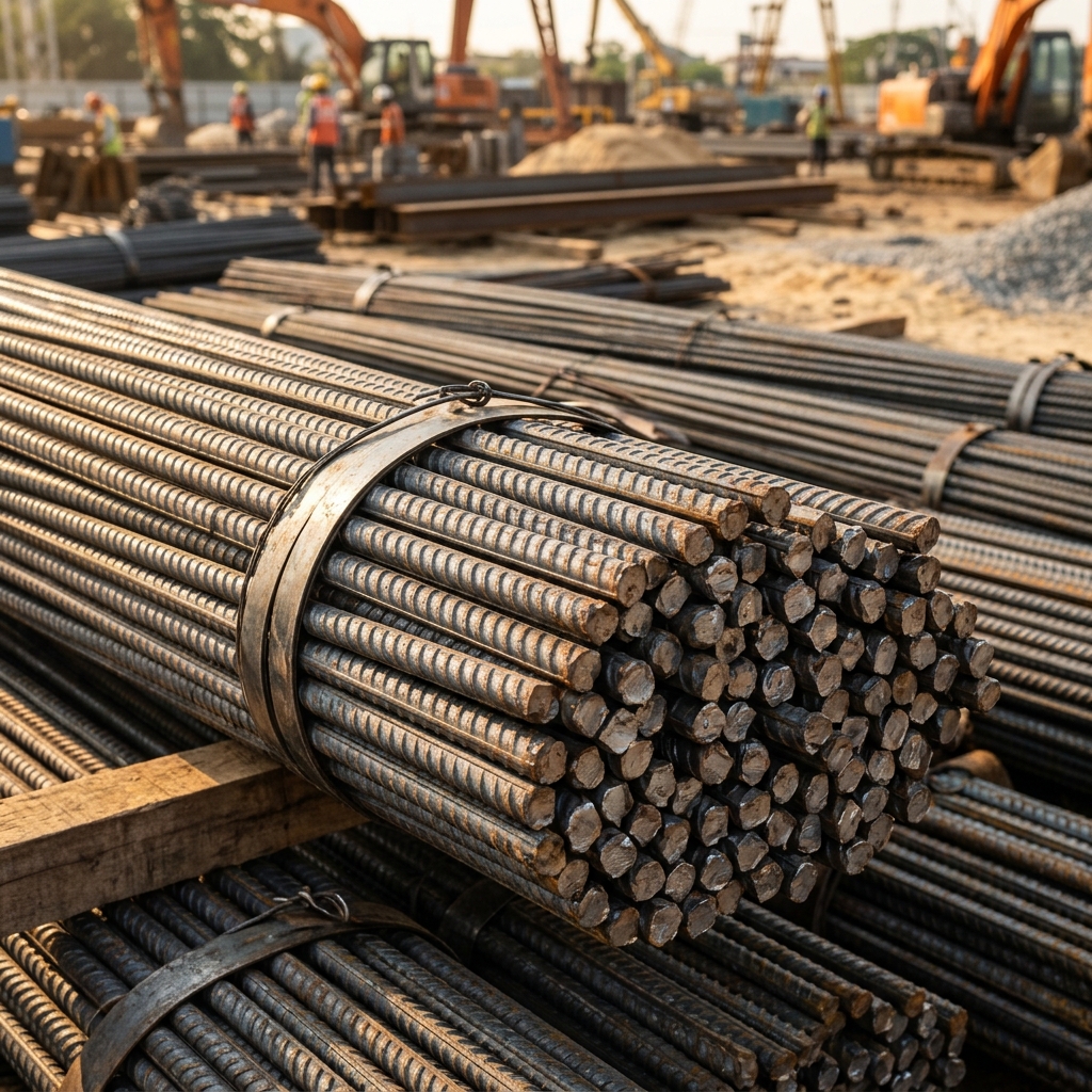 TMT bars stacked in a yard