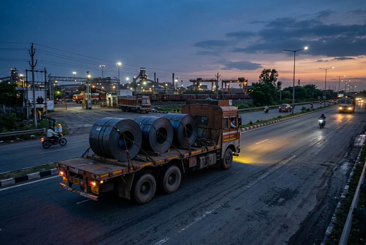 Truck loaded with steel coils