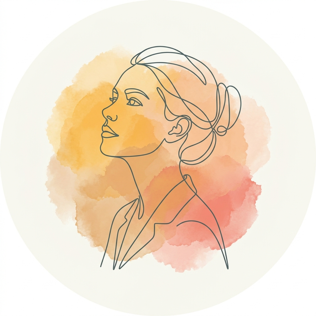 Line-art illustration of a woman looking upward