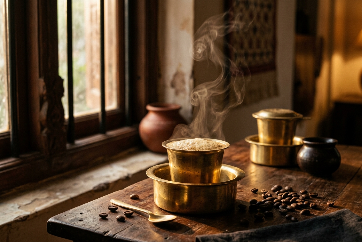 Steaming South Indian filter coffee in a brass davara-tumbler