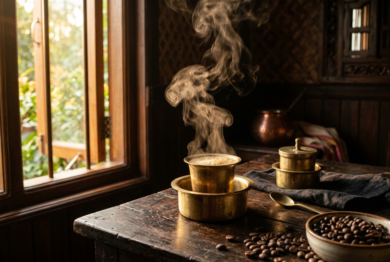 Steaming South Indian filter coffee in a brass davara-tumbler