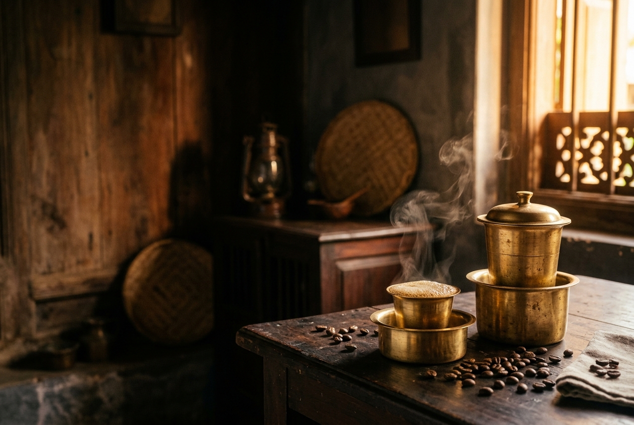 Steaming South Indian filter coffee in a brass davara-tumbler