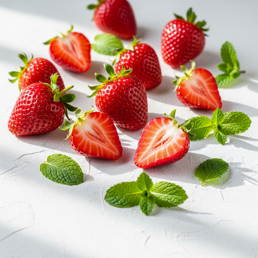 Editorial flat lay of strawberries, peppermint and natural ingredients