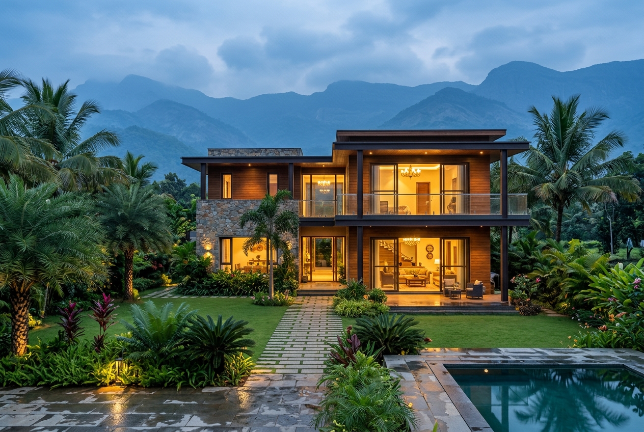 Luxury VR Garden villa glowing at dusk amid lush Nilgiri foothill greenery