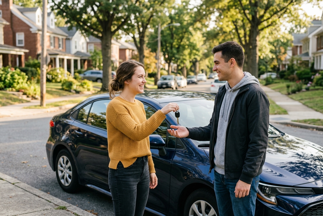 Driver being handed car keys beside a sedan