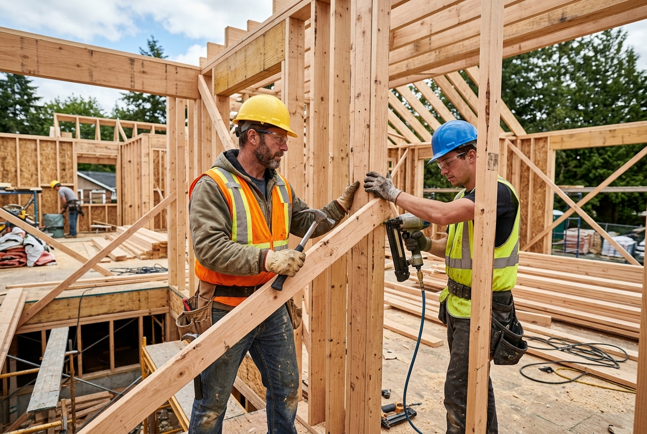 Contractors framing a house