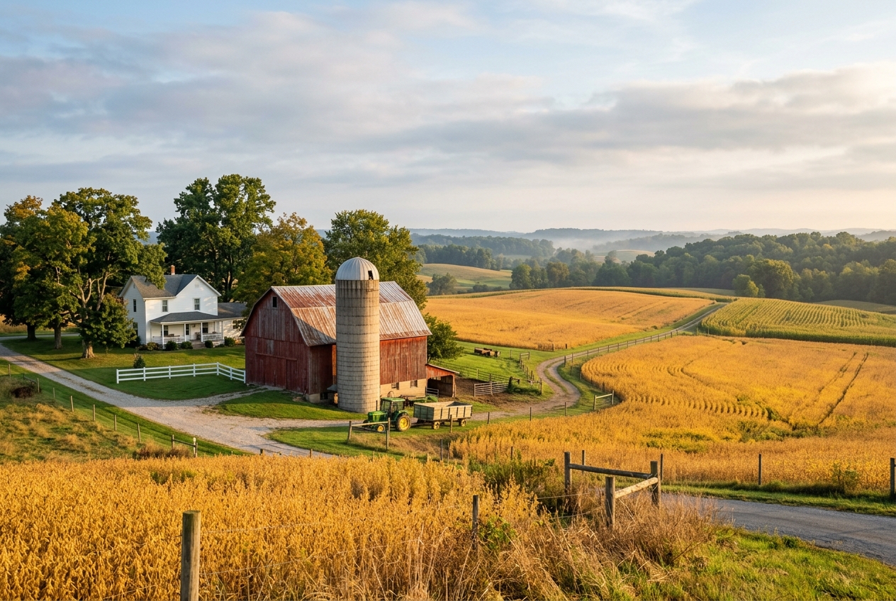 Farm with red barn, silo, and crop fields