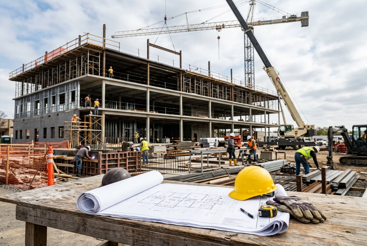 Construction site with crane and blueprints