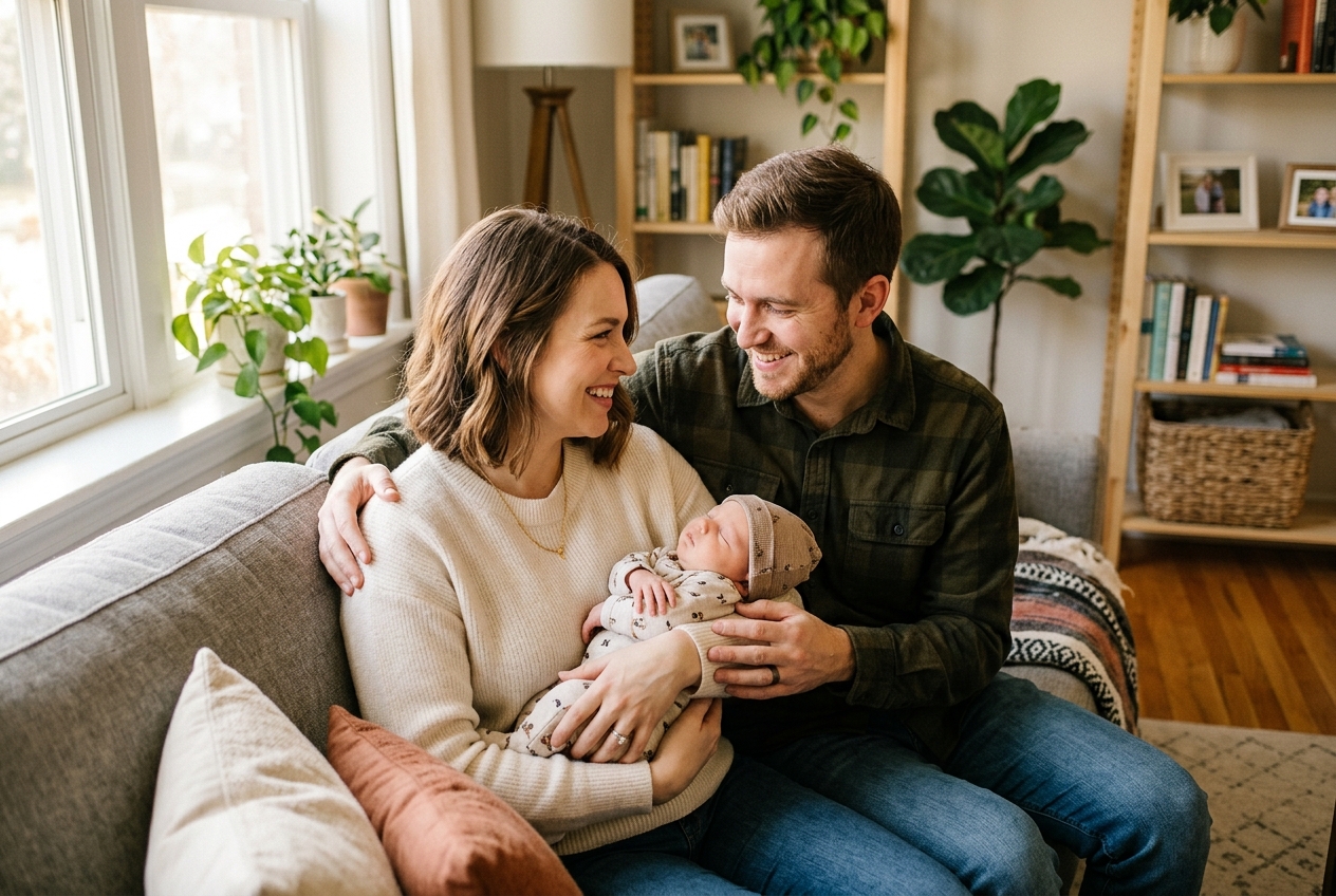 Parents at home holding their baby