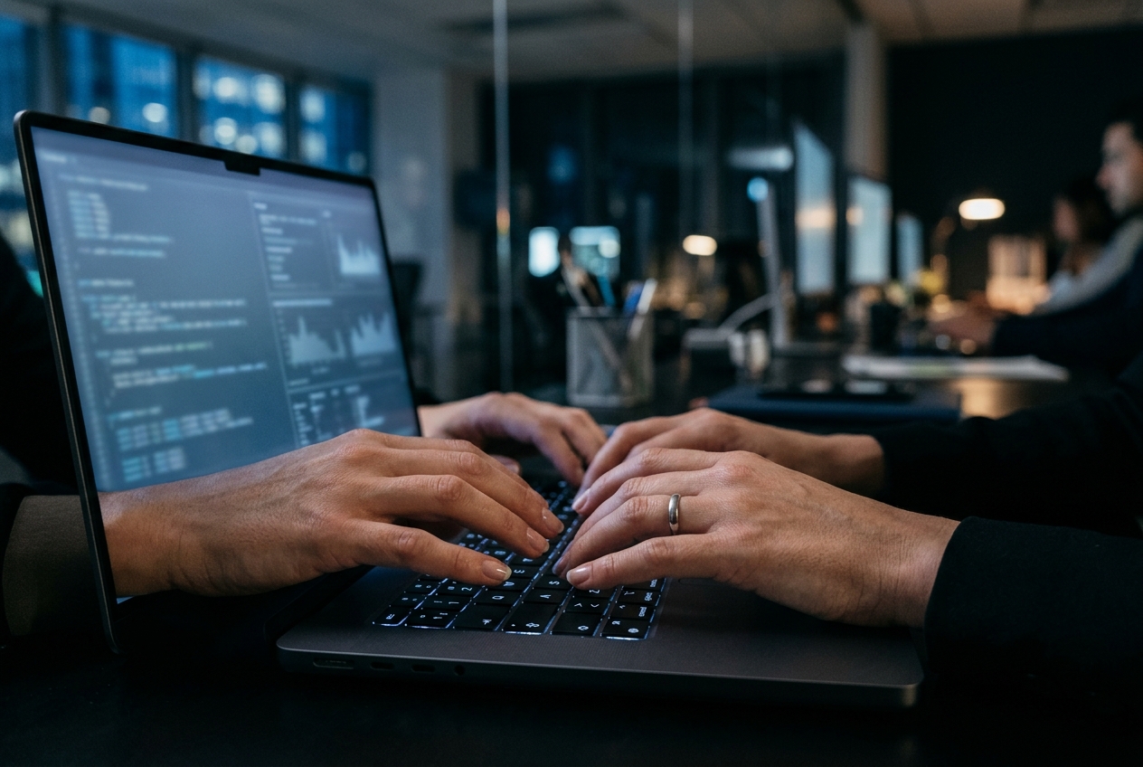 Hands typing on a laptop in a dim office