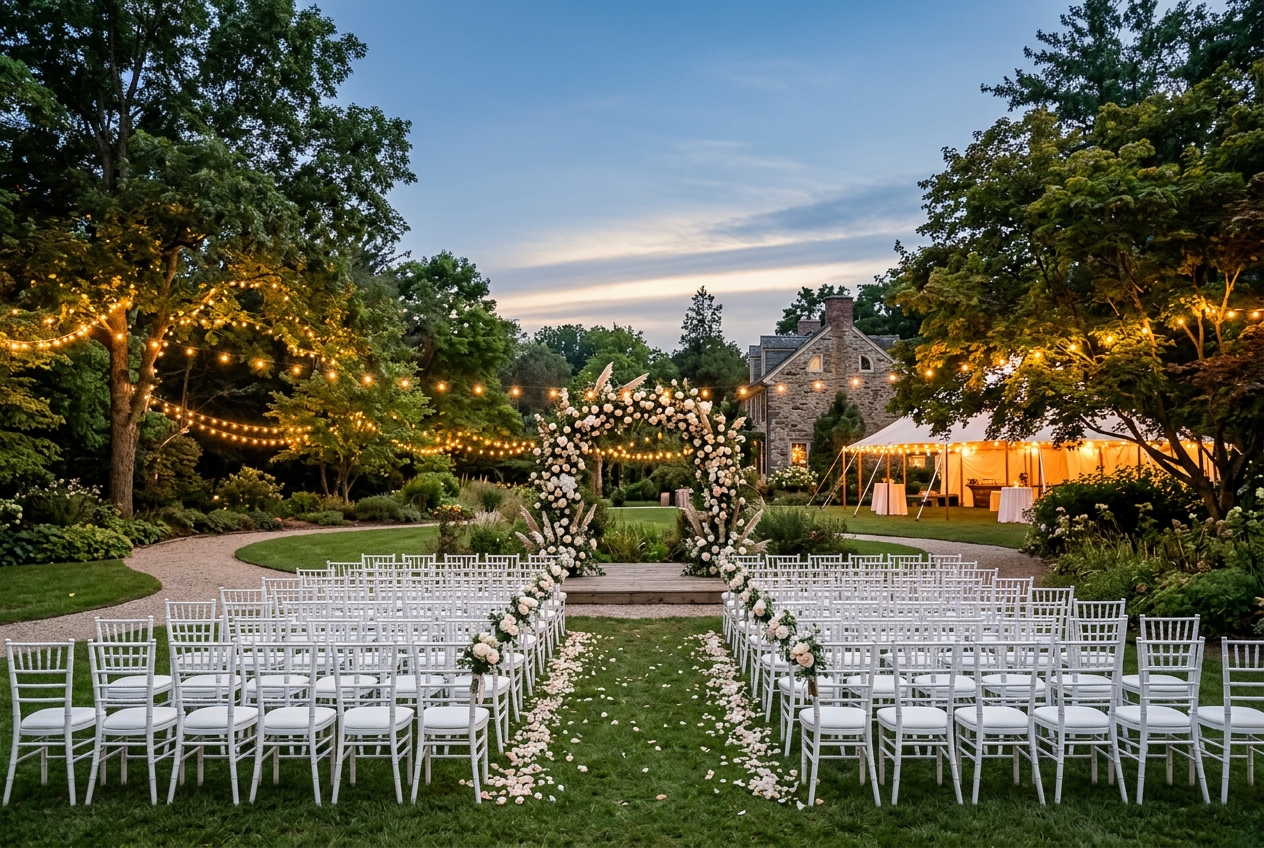 Outdoor event venue with chairs and floral arch