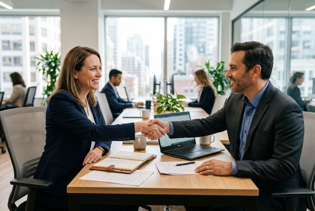 Professionals shaking hands in an office