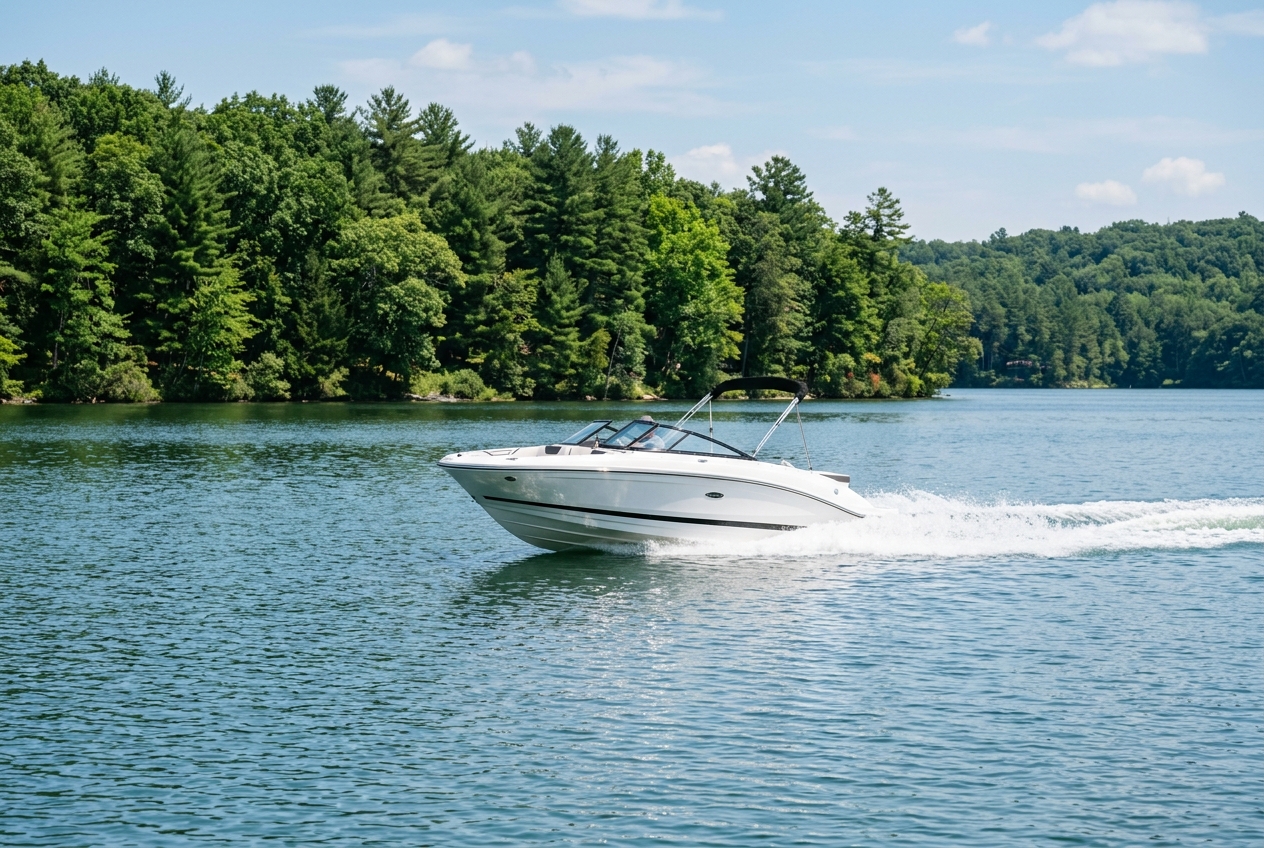 Speedboat cruising on a calm lake