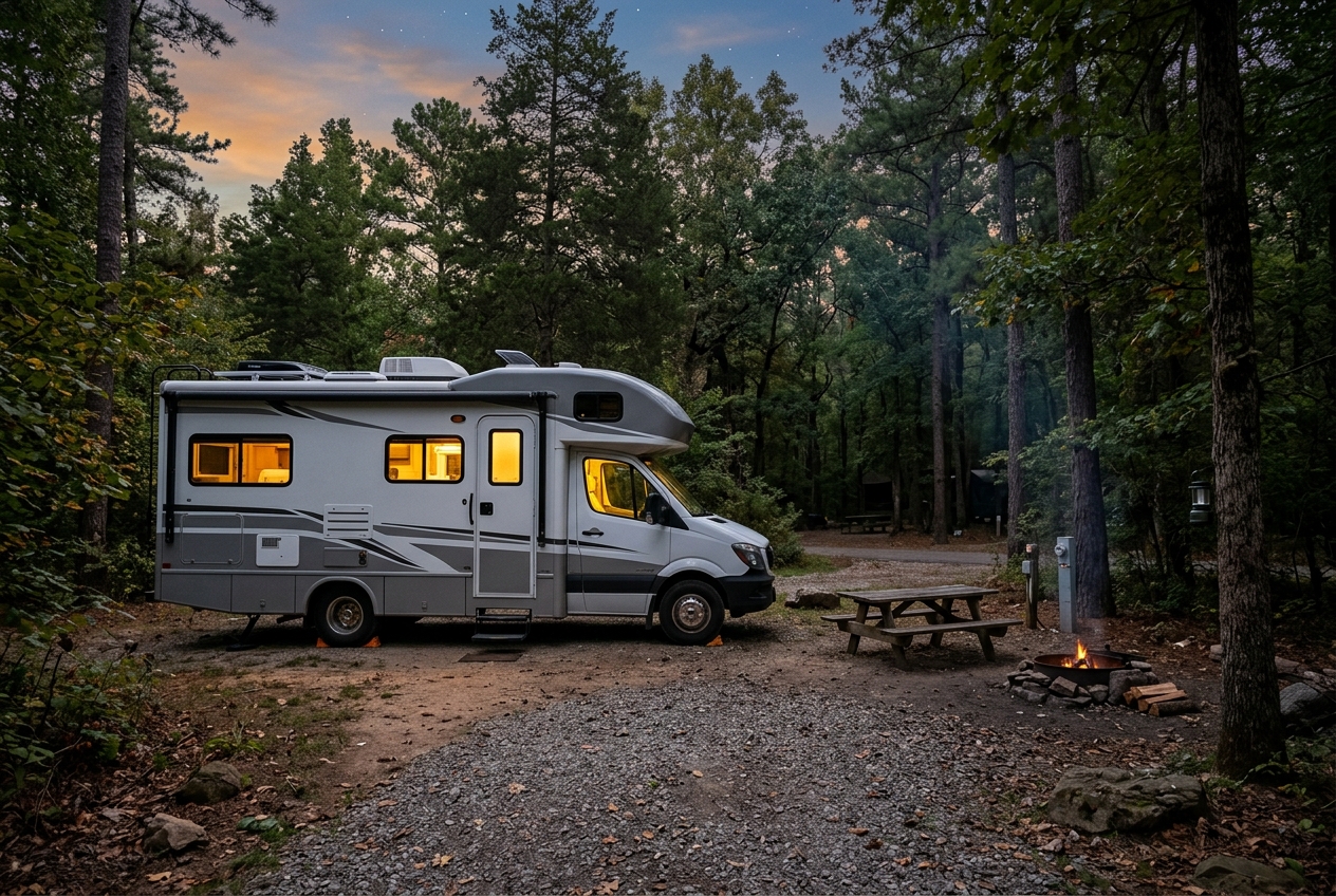 Motorhome RV at a wooded campground