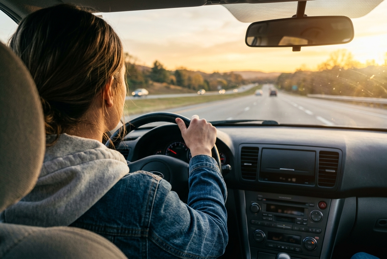 Driver at the wheel on an open highway at sunset