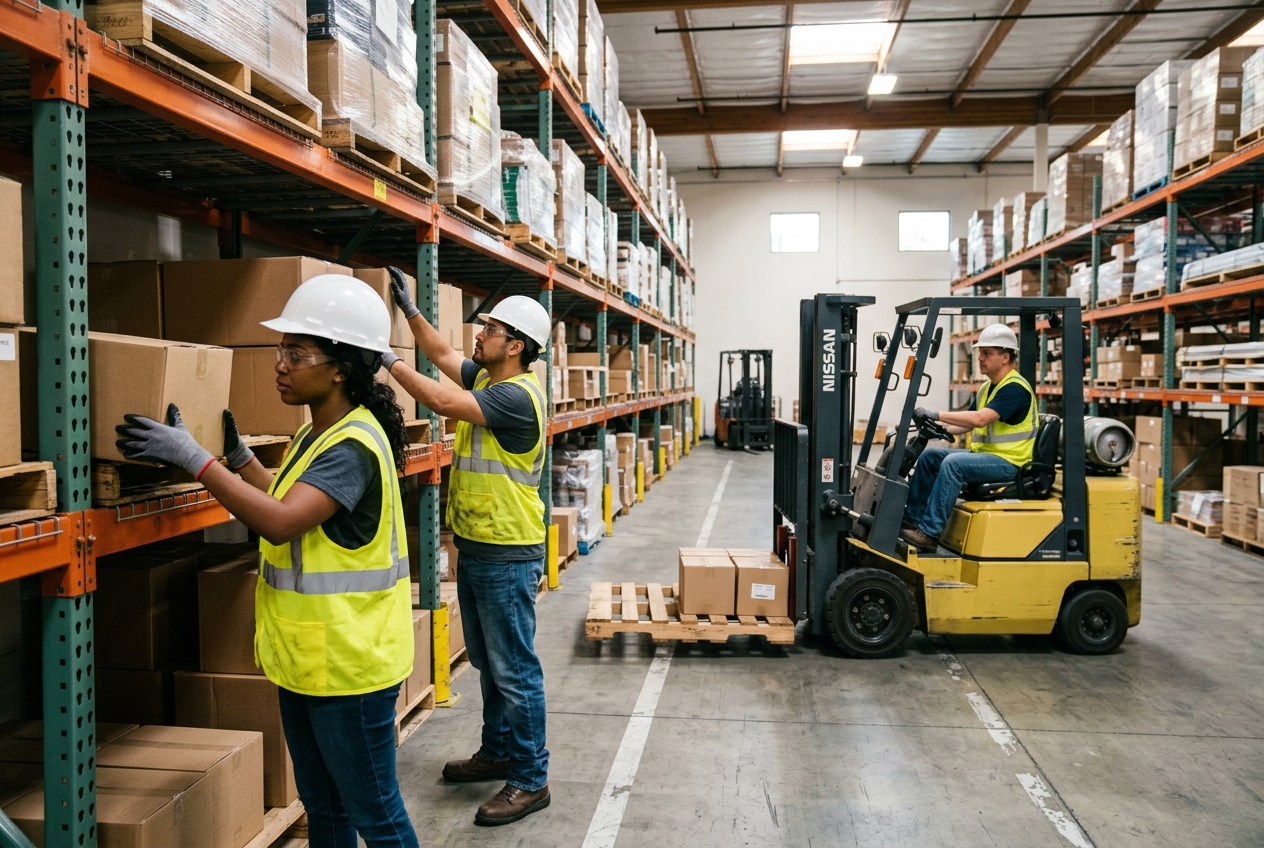 Warehouse employees in safety vests