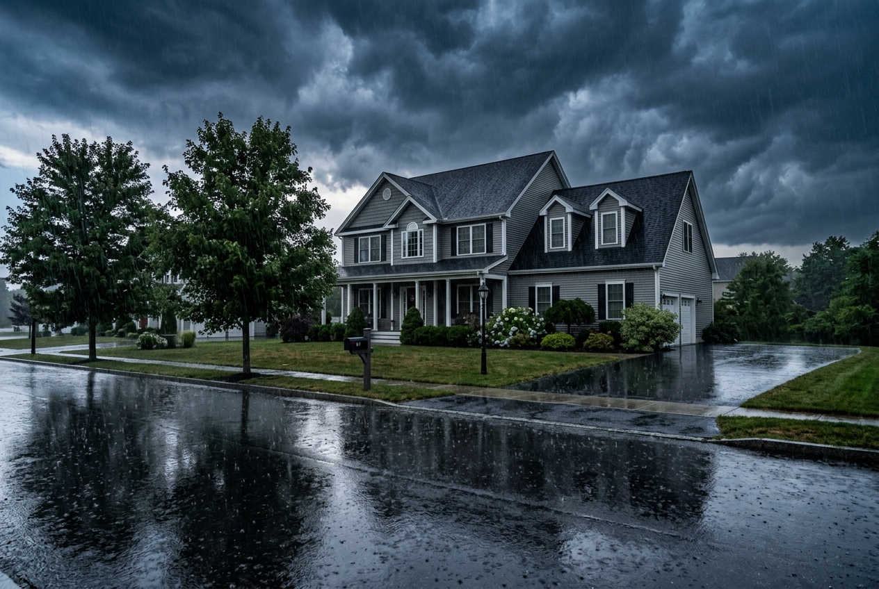 House under dark storm clouds with heavy rain