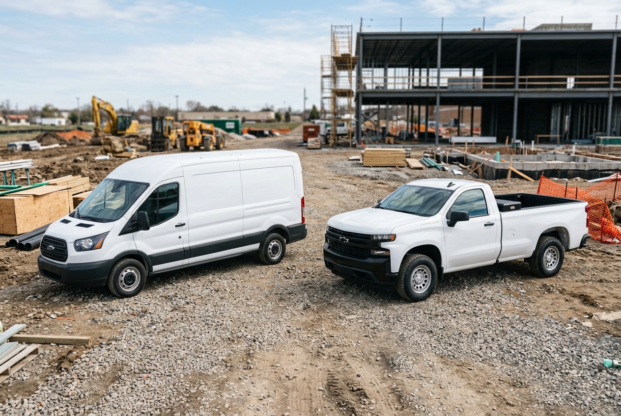 Commercial work van and pickup truck at a job site