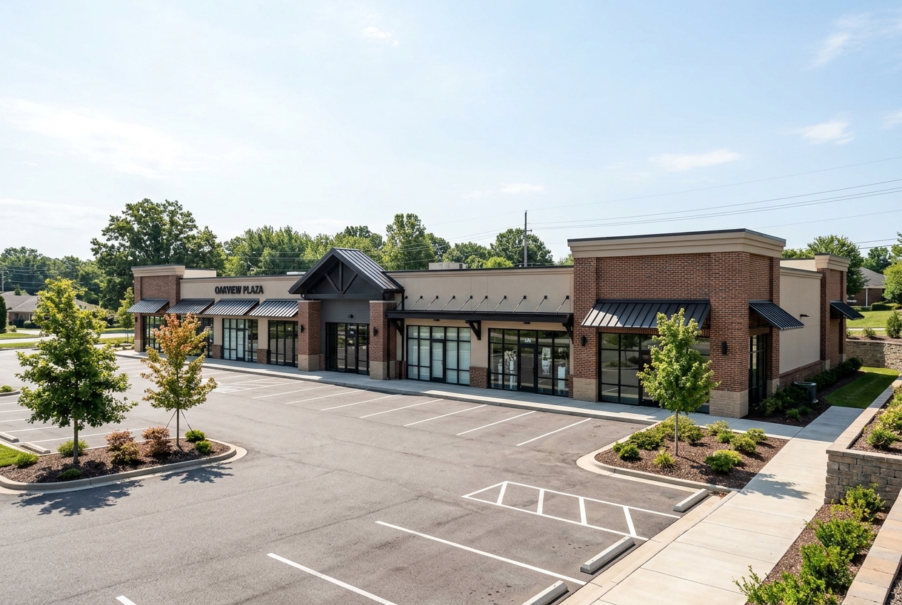 Commercial strip plaza with storefronts