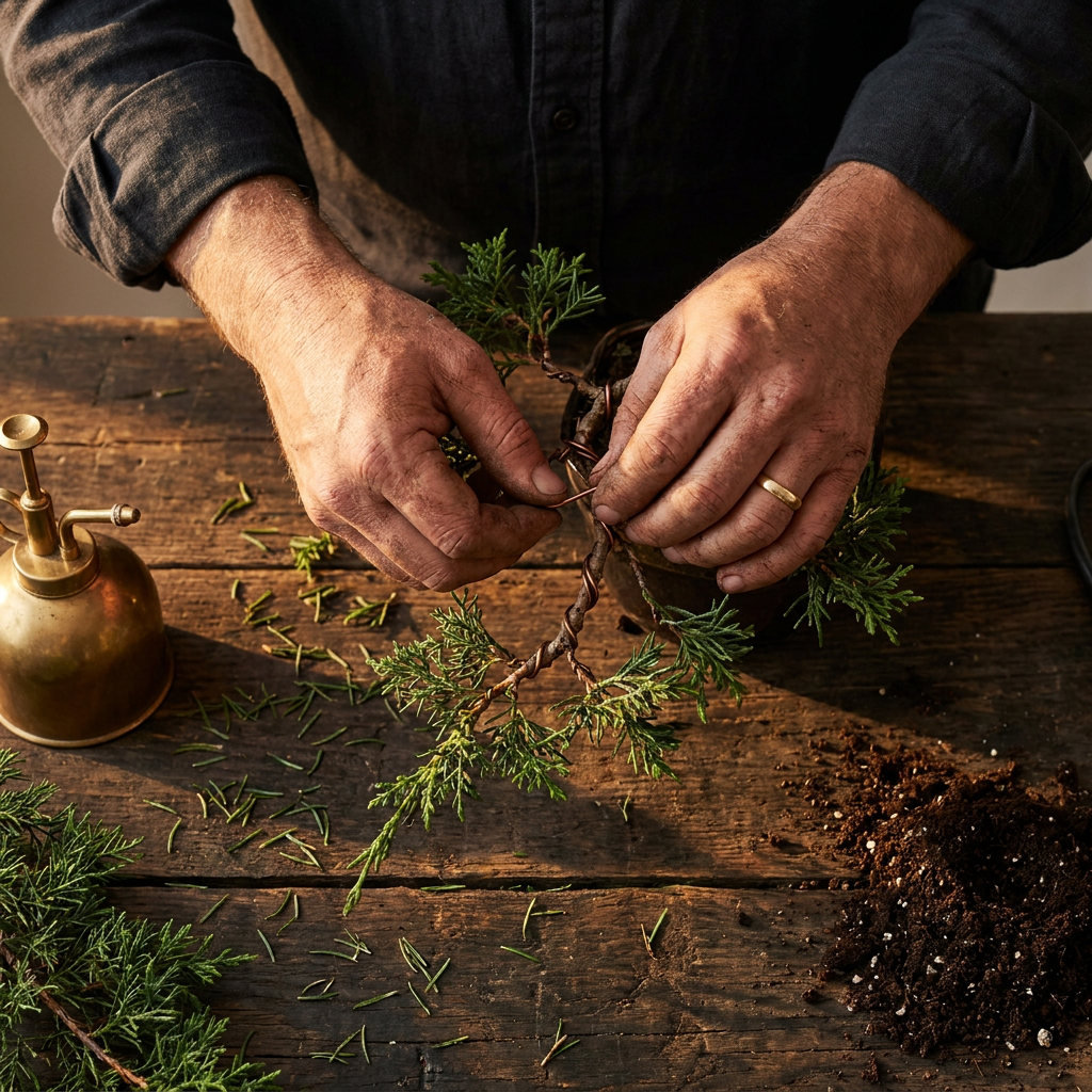 Kenny's hands wiring a juniper branch