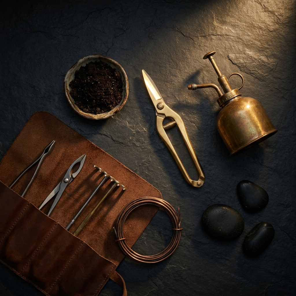 Brass pruning tools laid out on dark linen