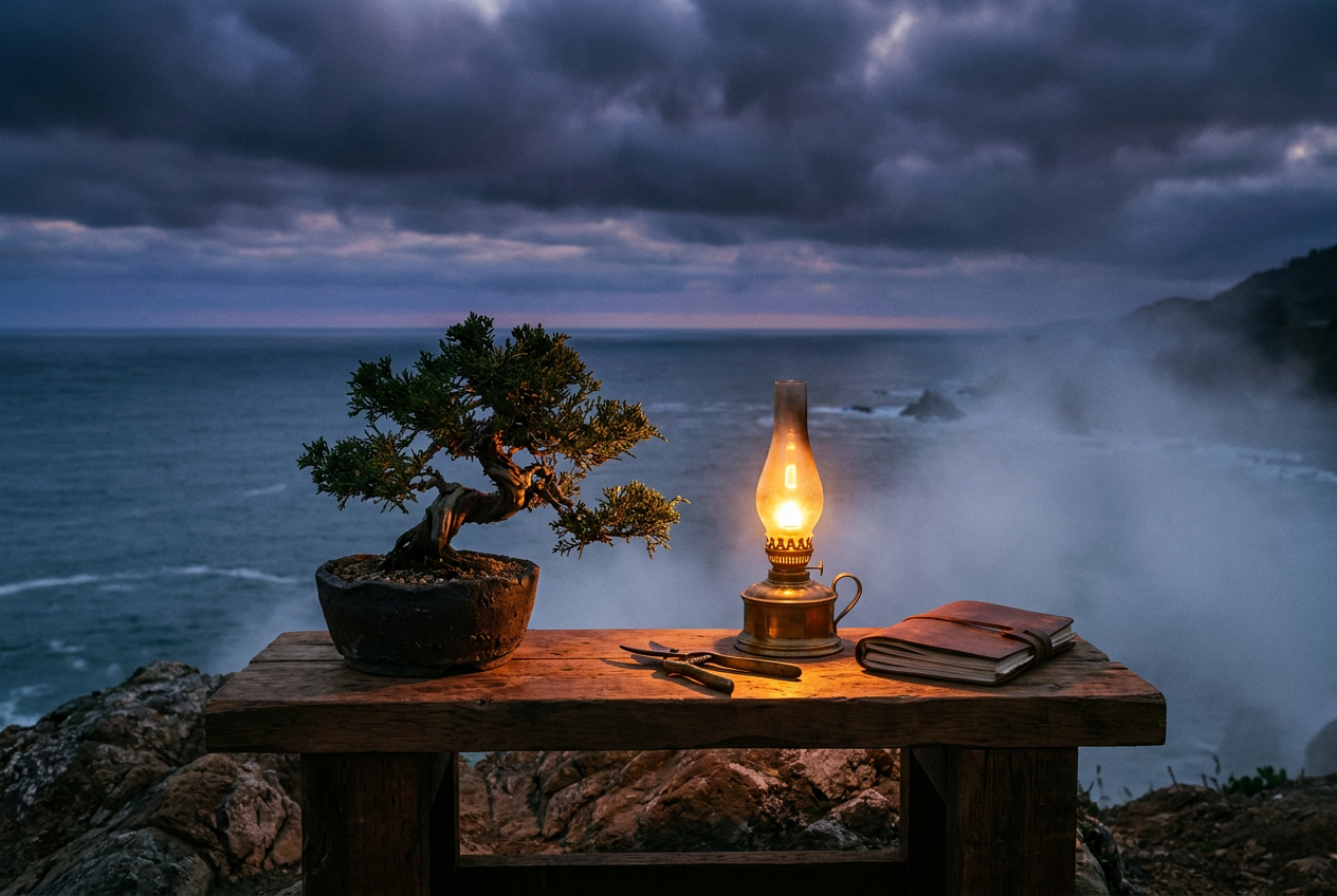 Twilight on the workbench — a bonsai under a single lamp