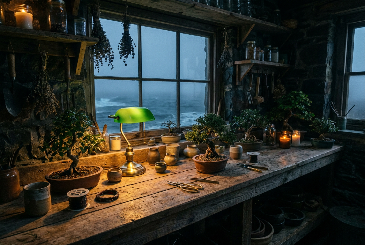 The workshop interior, late afternoon light