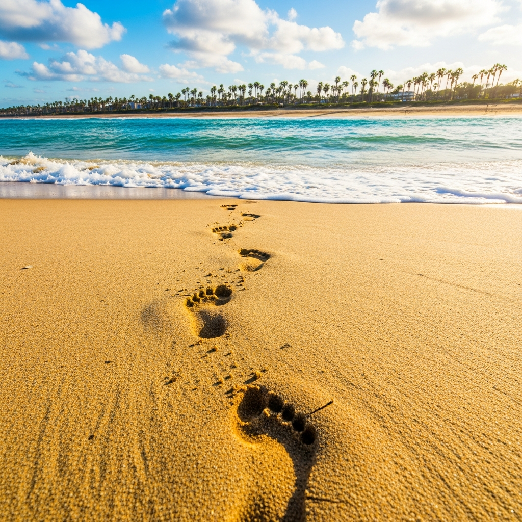 Footprints in golden beach sand Southern California coast