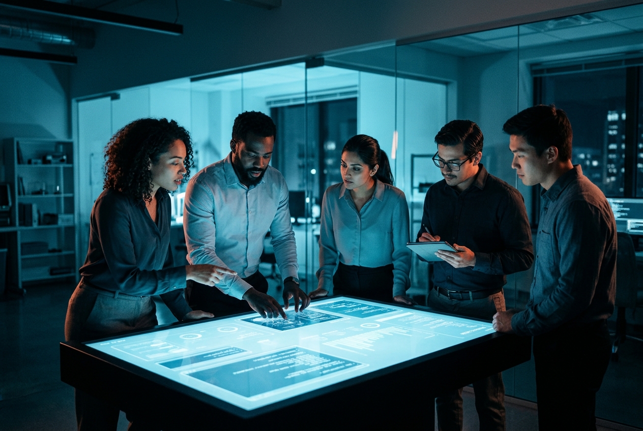 Diverse professionals collaborating around a glowing display, in DISHA's navy-cyan duotone