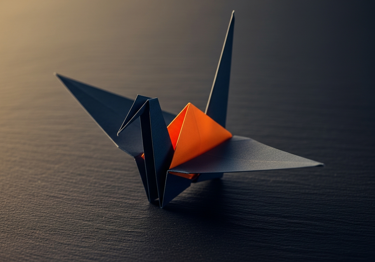 Structured origami bird in navy and orange