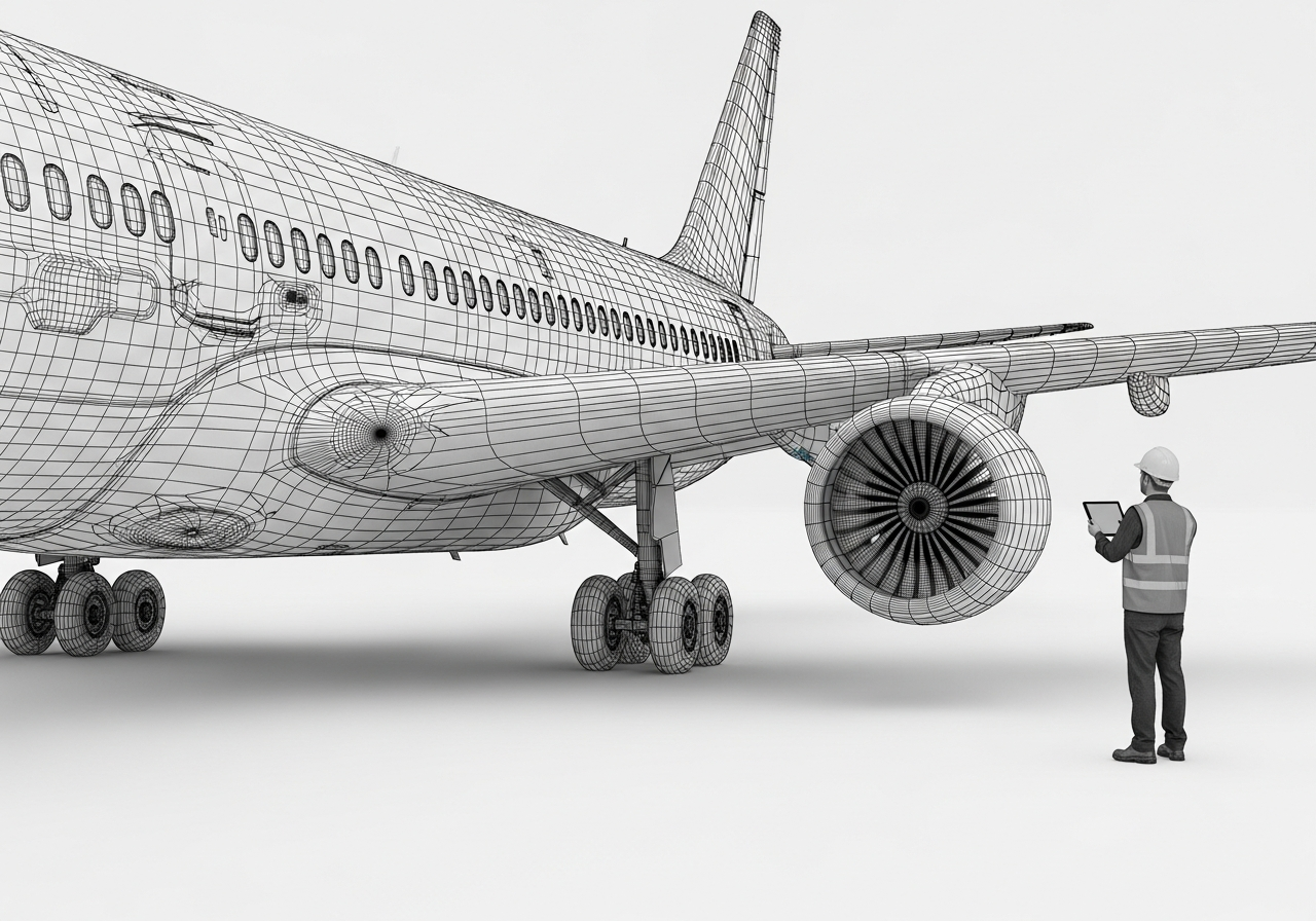 Engineer inspecting CAD airplane model