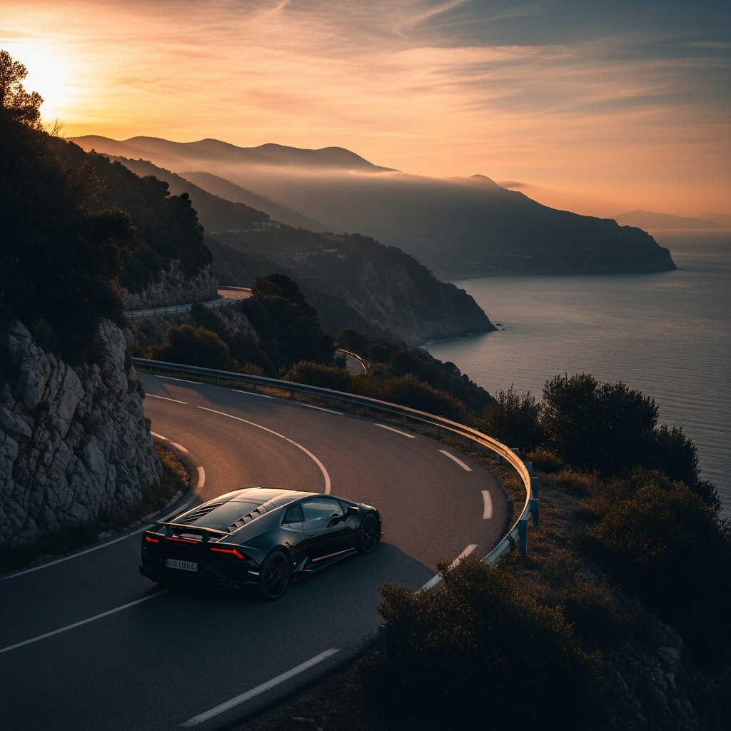 Voiture de luxe sur la Côte d'Azur au coucher de soleil