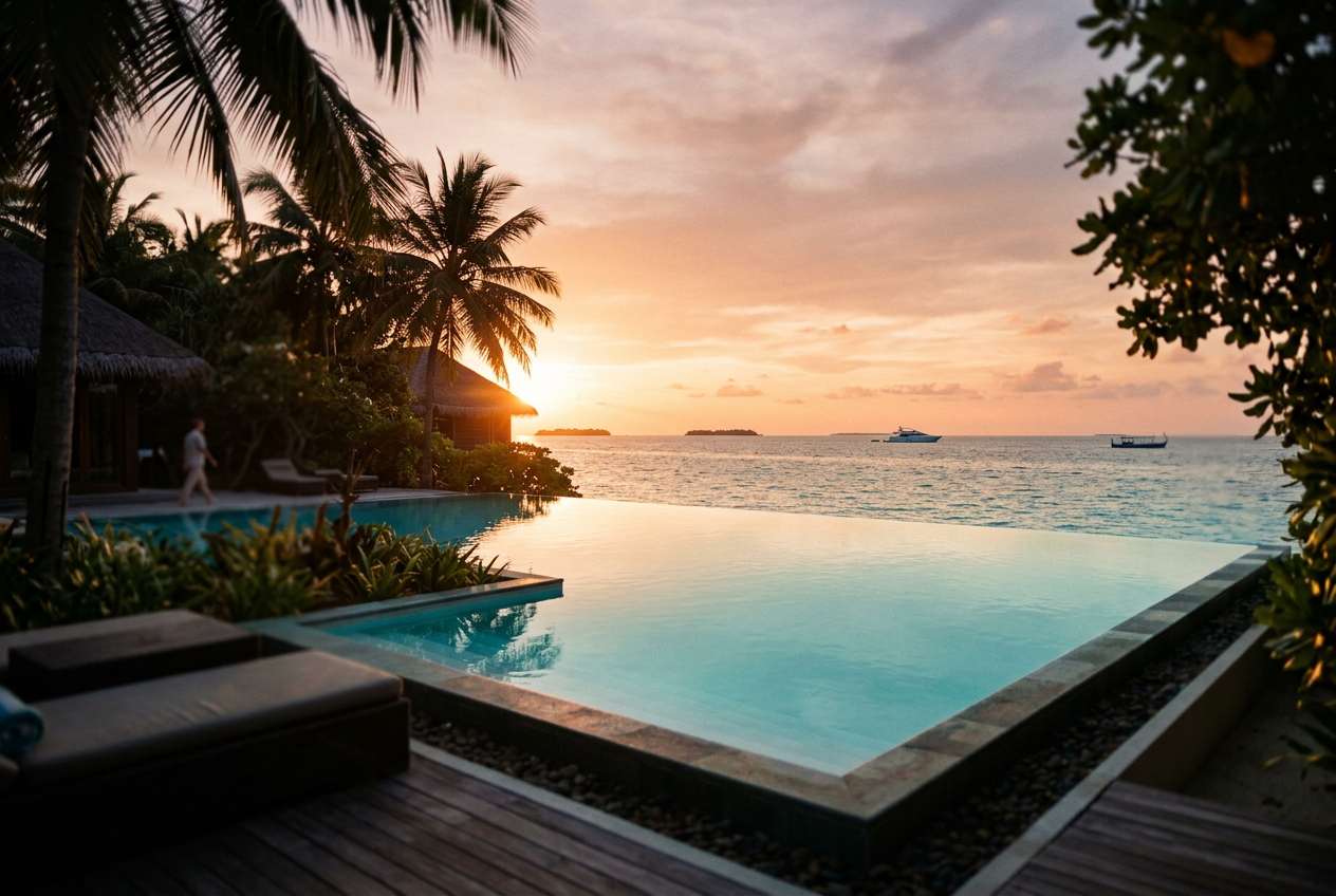 Cinematic luxury resort infinity pool at golden hour