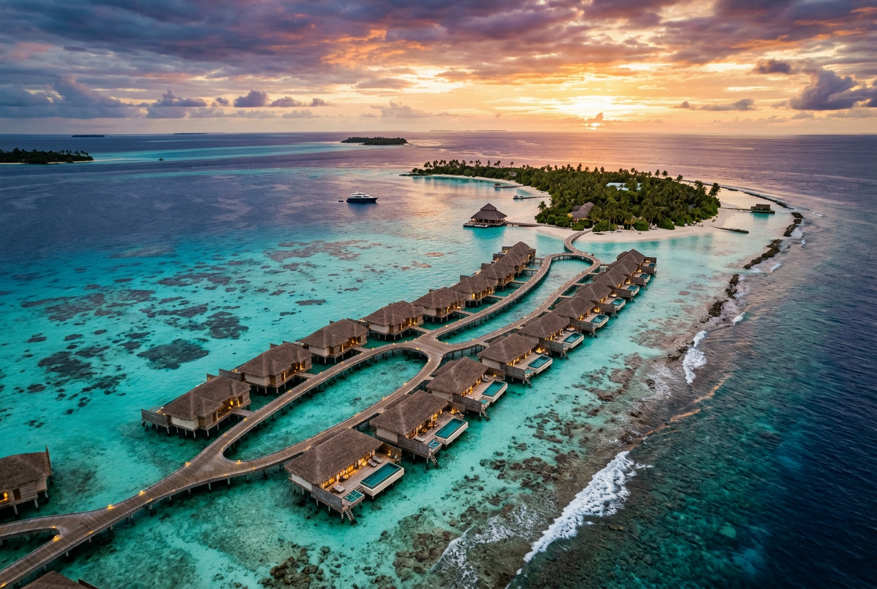 Aerial view of overwater resort villas