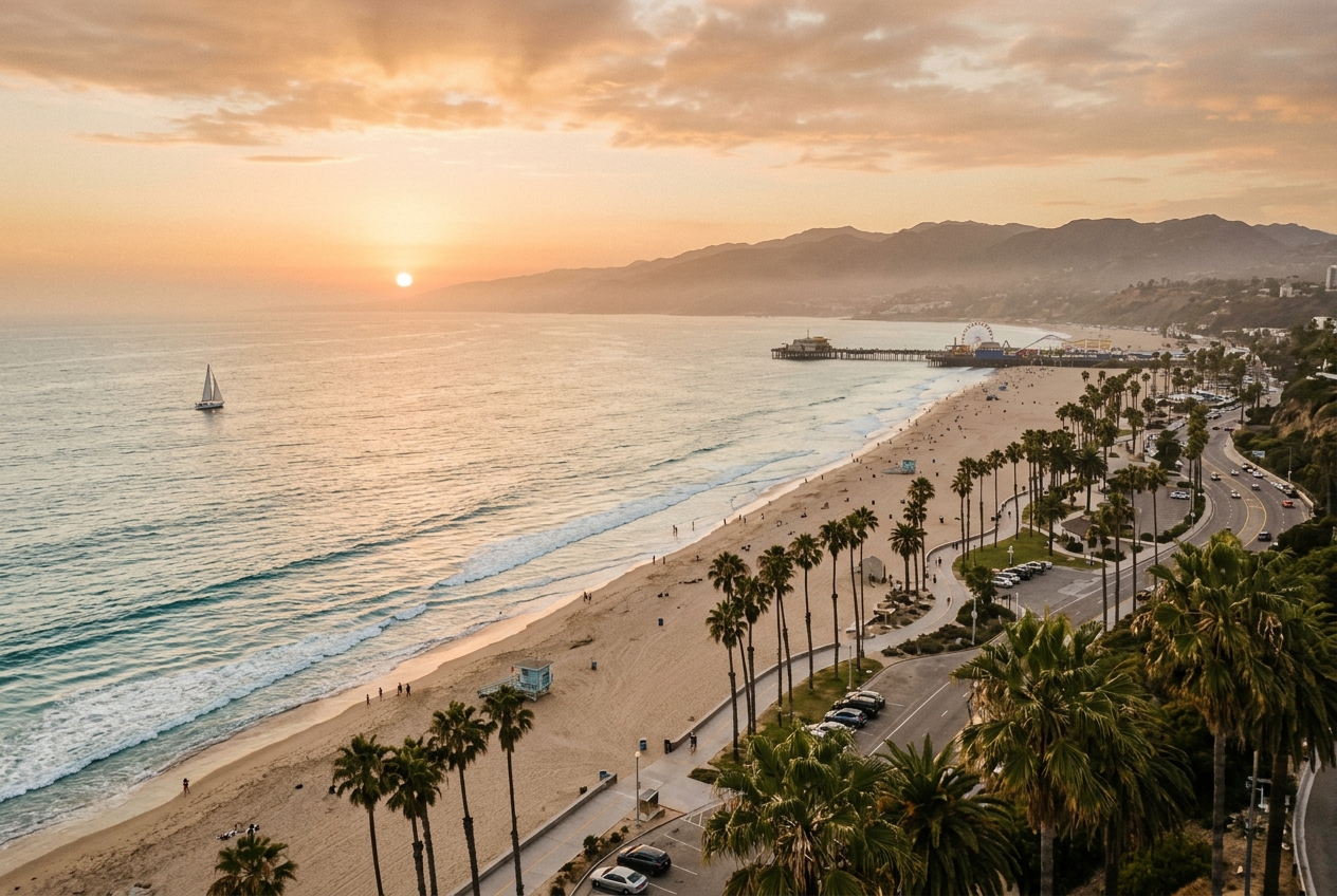 OUEST405 — golden-hour view of the Santa Monica coastline on the Los Angeles Westside