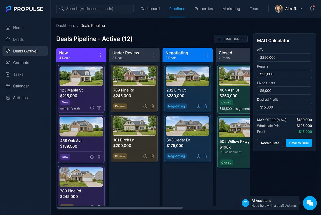 DealFlow real estate wholesaling dashboard screenshot