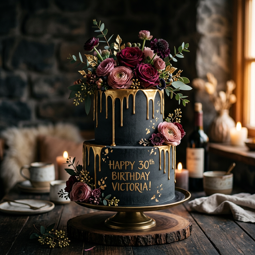 Custom birthday cake with gold drip and flowers