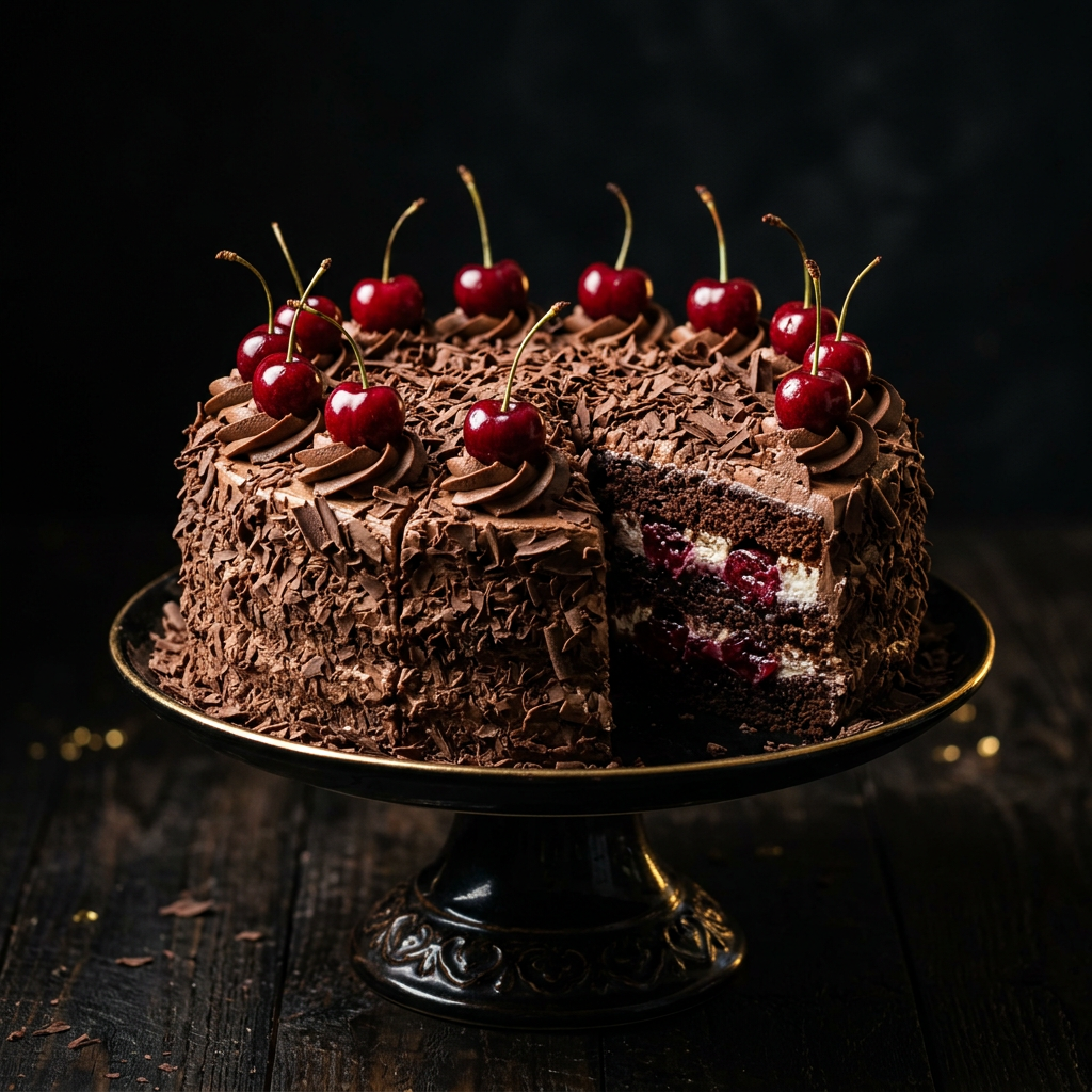 Rich black forest cake with cherries
