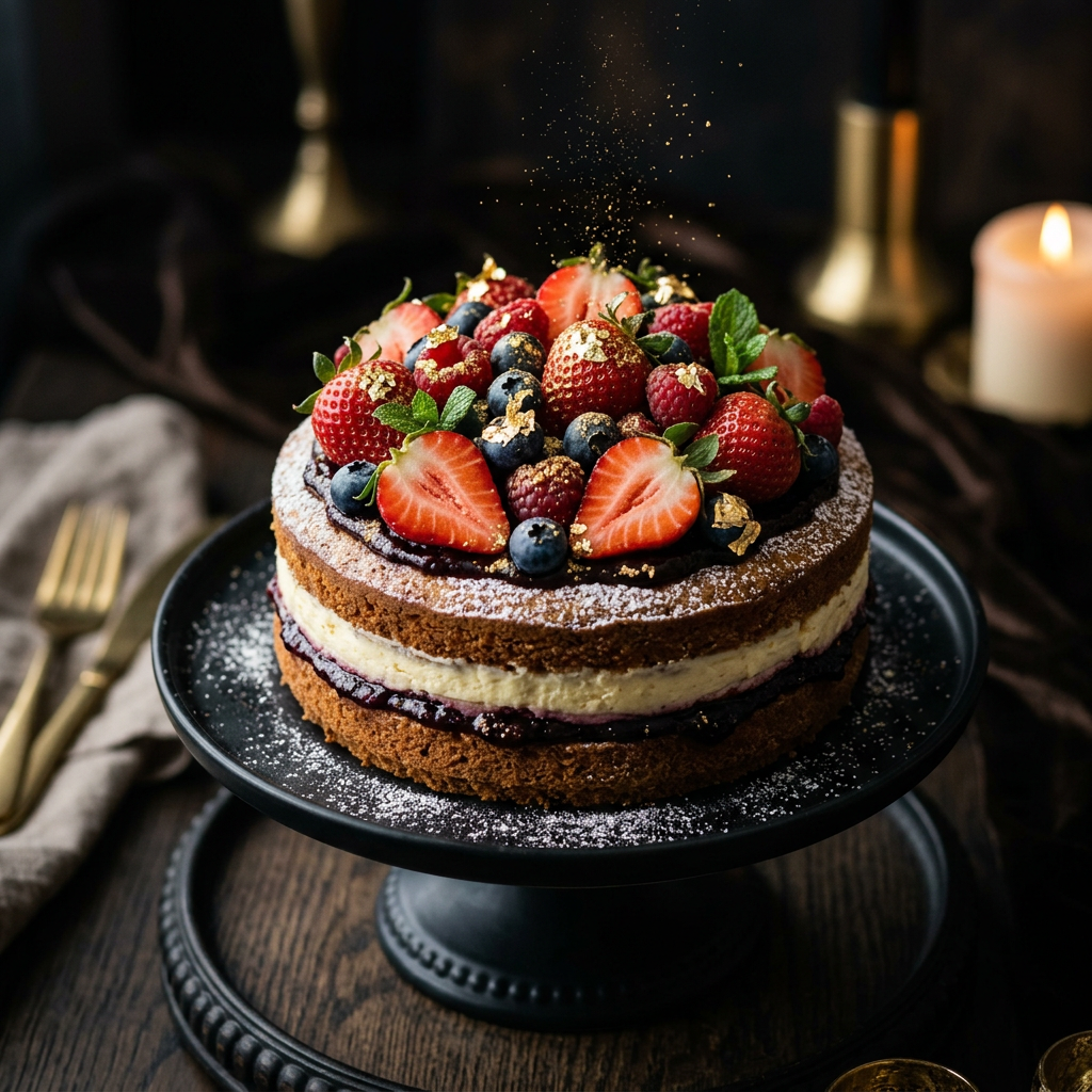 Fruit cake topped with fresh berries
