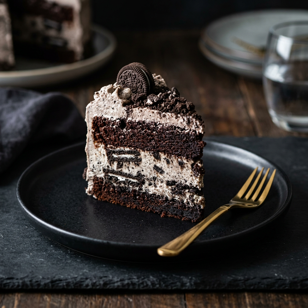 Oreo cake slice on black plate