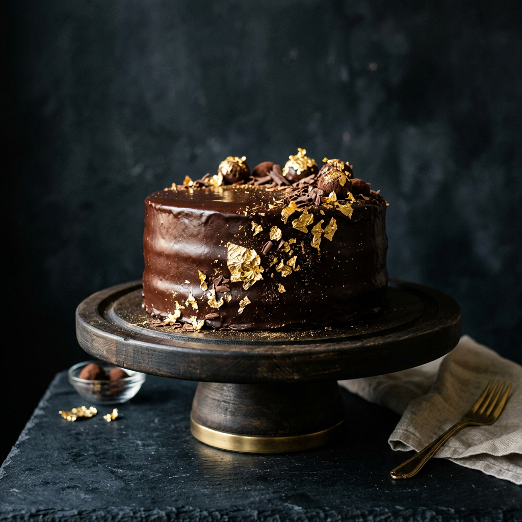 Elegant chocolate truffle cake with gold leaf