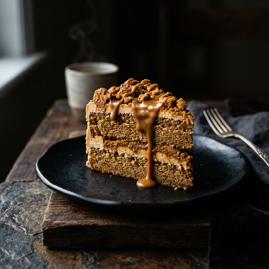 Biscoff cake slice with caramel drizzle