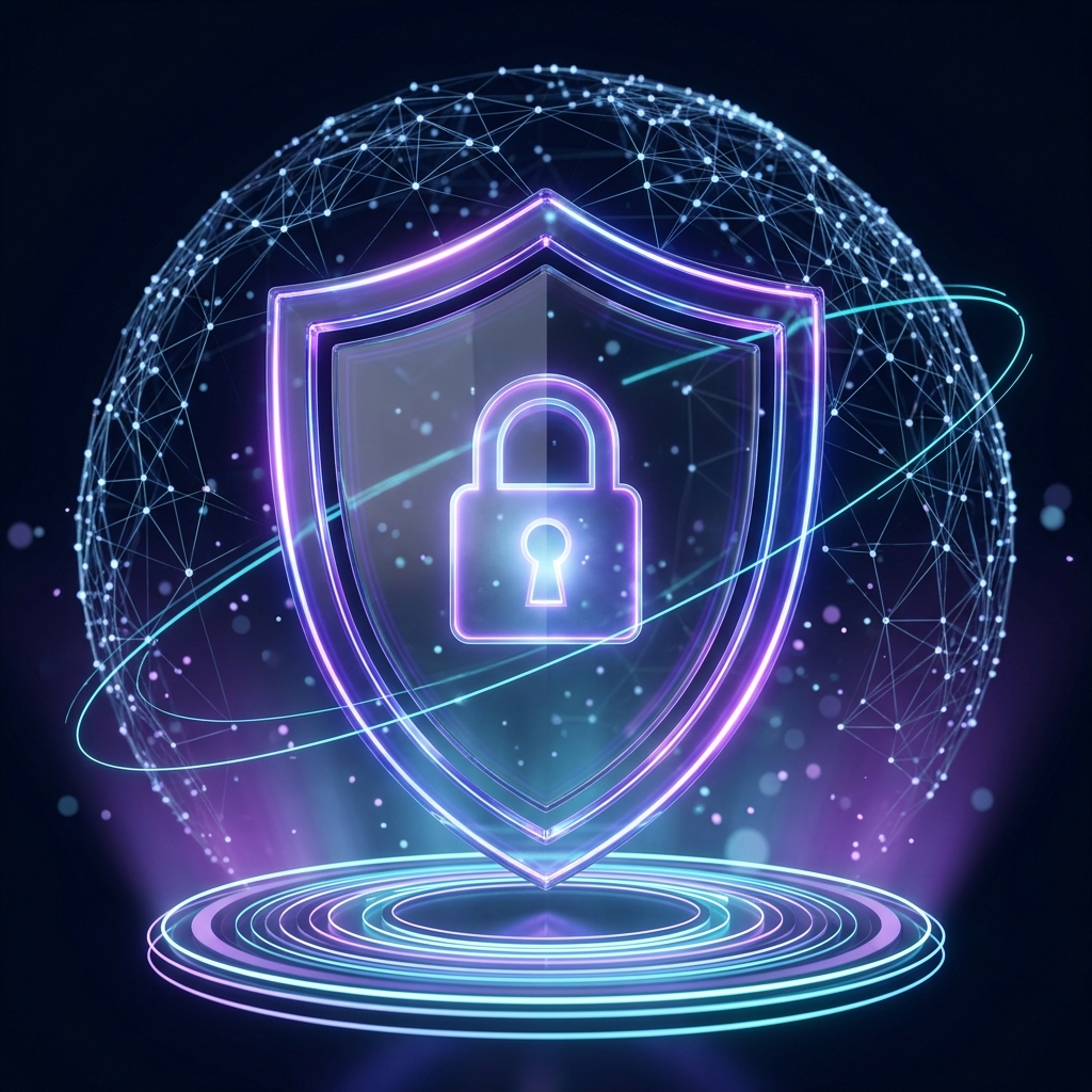 Holographic digital security shield with padlock inside a network globe