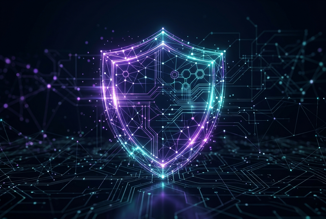 Abstract digital security shield formed by glowing network nodes